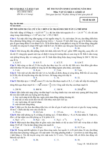 Đề thi tuyển sinh cao đẳng năm 2014 môn Vật lí Khối A+A1 - Mã đề 628 (Kèm đáp án)