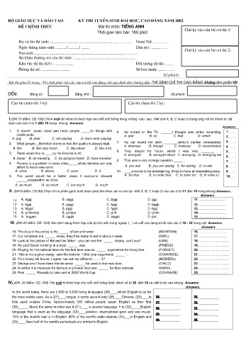 Đề thi tuyển sinh đại học, cao đẳng năm 2002 môn Tiếng Anh (Kèm đáp án)