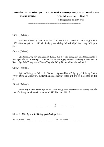 Đề thi tuyển sinh đại học, cao đẳng năm 2003 môn Lịch sử Khối C (Kèm đáp án)