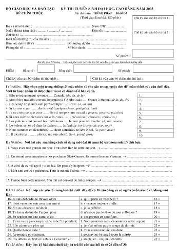 Đề thi tuyển sinh đại học, cao đẳng năm 2003 môn Tiếng Pháp Khối D3 (Kèm đáp án)