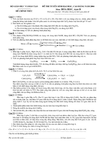 Đề thi tuyển sinh đại học, cao đẳng năm 2004 Hóa học Khối B (Kèm đáp án)