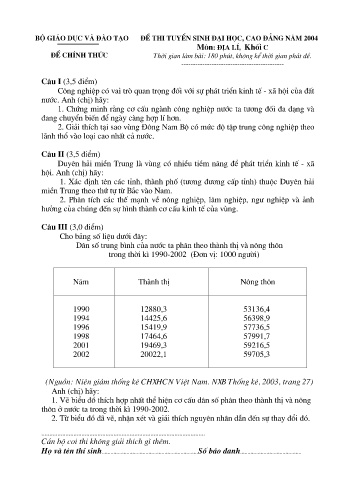 Đề thi tuyển sinh đại học, cao đẳng năm 2004 môn Địa lí Khối C (Kèm đáp án)