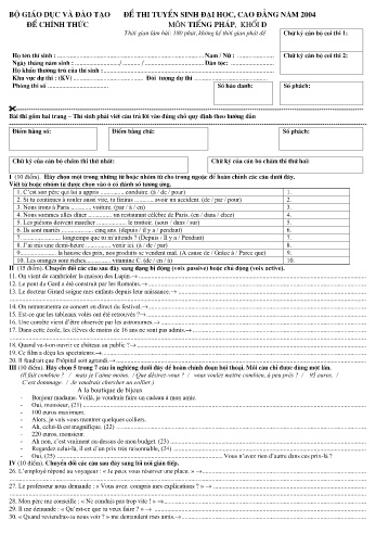 Đề thi tuyển sinh đại học, cao đẳng năm 2004 môn Tiếng Pháp Khối D (Kèm đáp án)