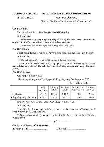Đề thi tuyển sinh đại học, cao đẳng năm 2005 môn Địa lí Khối C (Kèm đáp án)