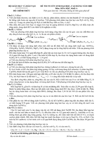 Đề thi tuyển sinh đại học, cao đẳng năm 2005 môn Hóa học Khối A (Kèm đáp án)