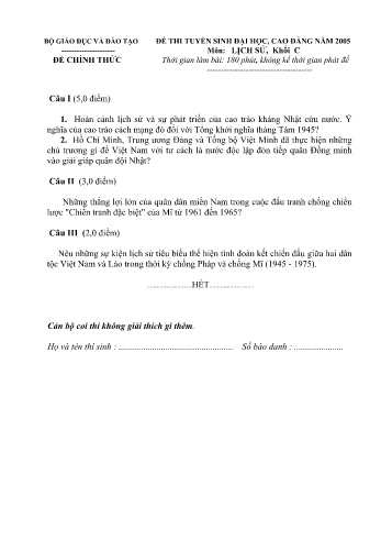Đề thi tuyển sinh đại học, cao đẳng năm 2005 môn Lịch sử Khối C (Kèm đáp án)