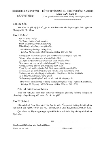 Đề thi tuyển sinh đại học, cao đẳng năm 2005 môn Ngữ văn Khối C (Kèm đáp án)