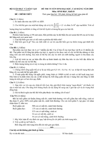 Đề thi tuyển sinh đại học, cao đẳng năm 2005 môn Sinh học Khối B (Kèm đáp án)