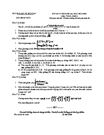 Đề thi tuyển sinh đại học, cao đẳng năm 2005 môn Toán Khối B (Kèm đáp án)