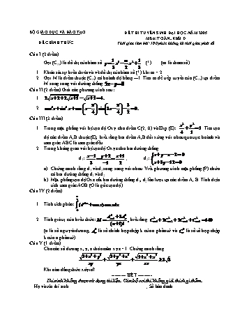 Đề thi tuyển sinh đại học, cao đẳng năm 2005 môn Toán Khối D (Kèm đáp án)