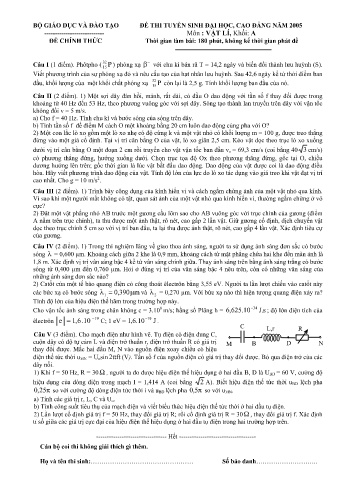 Đề thi tuyển sinh đại học, cao đẳng năm 2005 môn Vật lí Khối A (Kèm đáp án)