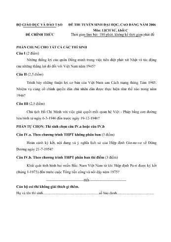 Đề thi tuyển sinh đại học, cao đẳng năm 2006 môn Lịch sử Khối C (Kèm đáp án)