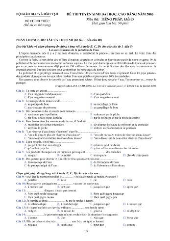 Đề thi tuyển sinh đại học, cao đẳng năm 2006 môn Tiếng Pháp Khối D (Kèm đáp án)