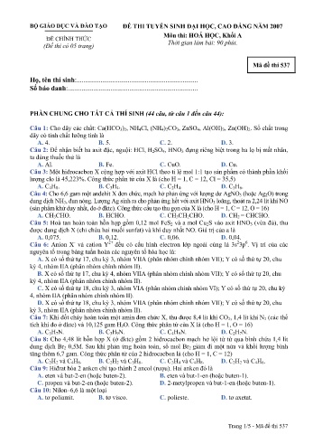 Đề thi tuyển sinh đại học, cao đẳng năm 2007 Hóa học Khối A - Mã đề 537 (Kèm đáp án)