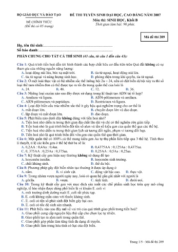 Đề thi tuyển sinh đại học, cao đẳng năm 2007 môn Sinh học Khối B - Mã đề 209 (Kèm đáp án)