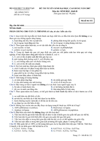 Đề thi tuyển sinh đại học, cao đẳng năm 2007 môn Sinh học Khối B - Mã đề 152 (Kèm đáp án)