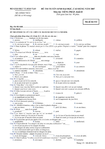 Đề thi tuyển sinh đại học, cao đẳng năm 2007 môn Tiếng Pháp Khối D - Mã đề 532 (Kèm đáp án)
