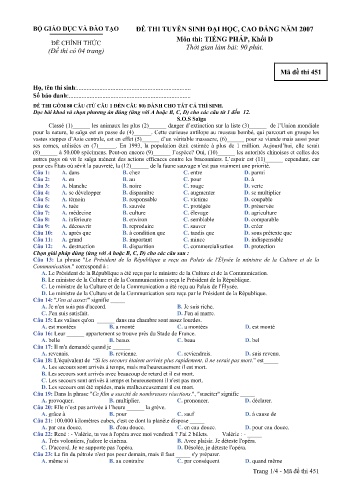 Đề thi tuyển sinh đại học, cao đẳng năm 2007 môn Tiếng Pháp Khối D - Mã đề 451 (Kèm đáp án)