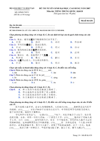 Đề thi tuyển sinh đại học, cao đẳng năm 2007 môn Tiếng Trung quốc Khối D - Mã đề 638 (Kèm đáp án)