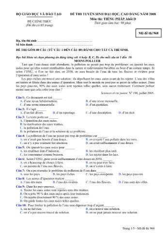 Đề thi tuyển sinh đại học, cao đẳng năm 2008 môn Tiếng Pháp Khối D - Mã đề 968 (Kèm đáp án)