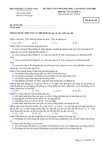 Đề thi tuyển sinh đại học, cao đẳng năm 2008 môn Vật lí Khối A - Mã đề 319 (Kèm đáp án)