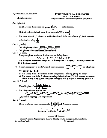 Đề thi tuyển sinh đại học năm 2005 môn Toán Khối A (Kèm đáp án)