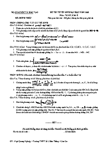 Đề thi tuyển sinh đại học năm 2008 môn Toán Khối B (Kèm đáp án)