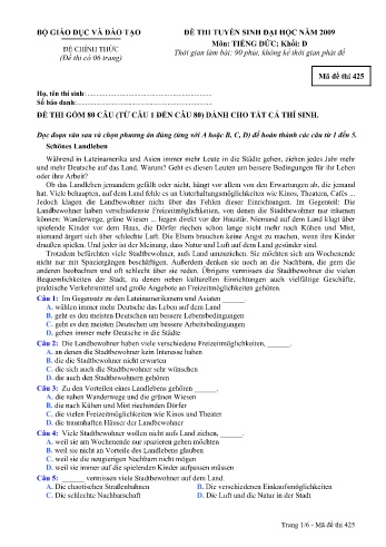 Đề thi tuyển sinh đại học năm 2009 môn Tiếng Đức Khối D - Mã đề 425 (Kèm đáp án) Đề thi tuyển sinh đại học năm 2009 môn Tiếng Đức Khối D - Mã đề 425 (Kèm đáp án)