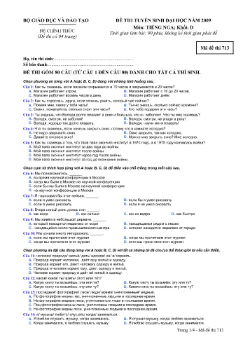 Đề thi tuyển sinh đại học năm 2009 môn Tiếng Nga Khối D - Mã đề 713 (Kèm đáp án) Đề thi tuyển sinh đại học năm 2009 môn Tiếng Nga Khối D - Mã đề 713 (Kèm đáp án)
