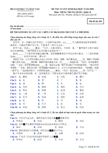 Đề thi tuyển sinh đại học năm 2009 môn Tiếng Trung quốc Khối D - Mã đề 429 (Kèm đáp án) Đề thi tuyển sinh đại học năm 2009 môn Tiếng Trung quốc Khối D - Mã đề 429 (Kèm đáp án)
