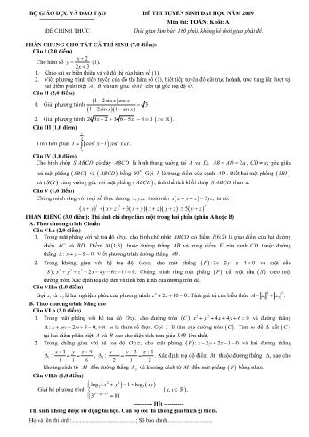 Đề thi tuyển sinh đại học năm 2009 môn Toán Khối A (Kèm đáp án)