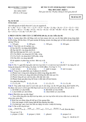 Đề thi tuyển sinh đại học năm 2010 Hóa học Khối A - Mã đề 253 (Kèm đáp án)