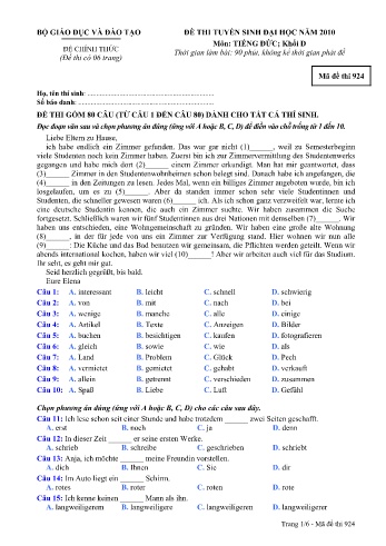 Đề thi tuyển sinh đại học năm 2010 môn Tiếng Đức Khối D - Mã đề 924 (Kèm đáp án)