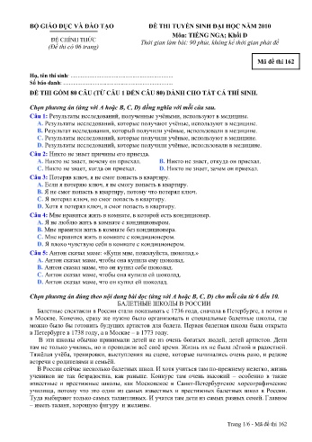Đề thi tuyển sinh đại học năm 2010 môn Tiếng Nga Khối D - Mã đề 162 (Kèm đáp án)