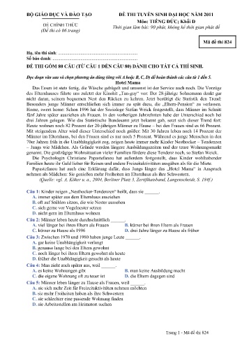 Đề thi tuyển sinh đại học năm 2011 môn Tiếng Đức Khối D - Mã đề 824 (Kèm đáp án)