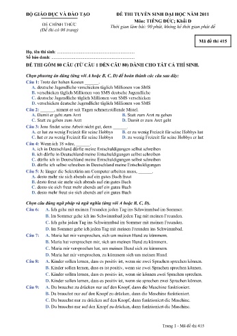 Đề thi tuyển sinh đại học năm 2011 môn Tiếng Đức Khối D - Mã đề 415 (Kèm đáp án)