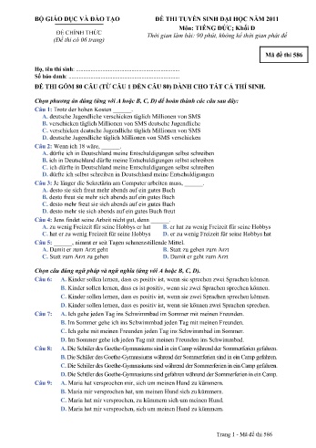 Đề thi tuyển sinh đại học năm 2011 môn Tiếng Đức Khối D - Mã đề 586 (Kèm đáp án)