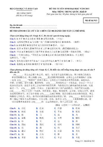 Đề thi tuyển sinh đại học năm 2011 môn Tiếng Trung quốc Khối D - Mã đề 913 (Kèm đáp án)