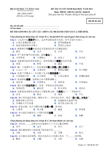 Đề thi tuyển sinh đại học năm 2011 môn Tiếng Trung quốc Khối D - Mã đề 362 (Kèm đáp án)