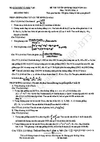 Đề thi tuyển sinh đại học năm 2011 môn Toán Khối A (Kèm đáp án)
