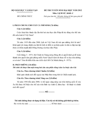 Đề thi tuyển sinh đại học năm 2012 môn Lịch sử Khối C (Kèm đáp án)