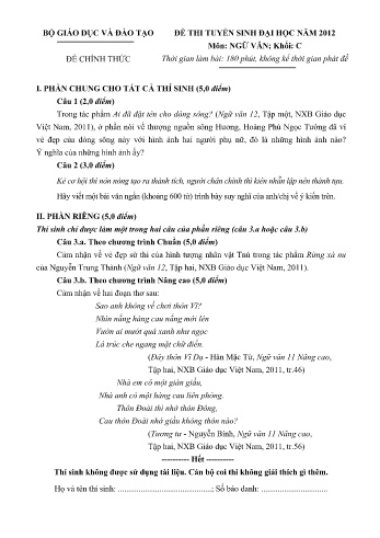 Đề thi tuyển sinh đại học năm 2012 môn Ngữ văn Khối C (Kèm đáp án)