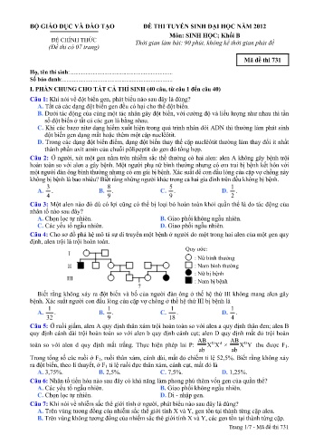 Đề thi tuyển sinh đại học năm 2012 môn Sinh học Khối B - Mã đề 731 (Kèm đáp án)