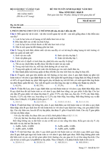 Đề thi tuyển sinh đại học năm 2012 môn Sinh học Khối B - Mã đề 415 (Kèm đáp án)