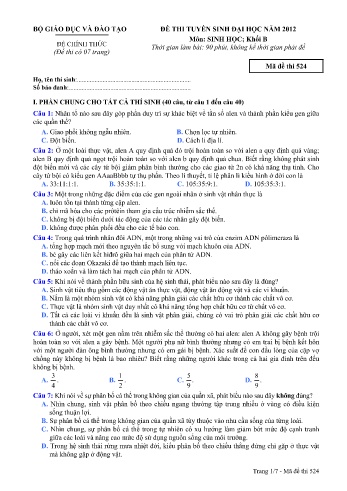 Đề thi tuyển sinh đại học năm 2012 môn Sinh học Khối B - Mã đề 524 (Kèm đáp án)