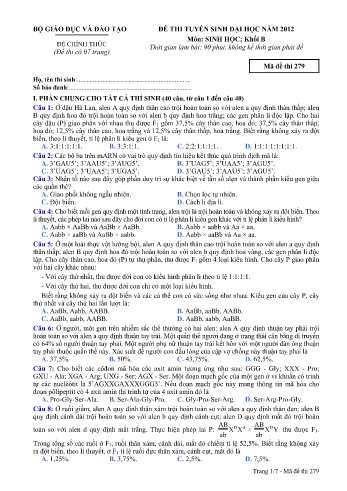 Đề thi tuyển sinh đại học năm 2012 môn Sinh học Khối B - Mã đề 279 (Kèm đáp án)