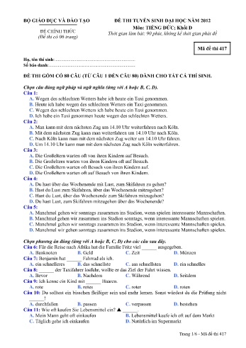 Đề thi tuyển sinh đại học năm 2012 môn Tiếng Đức Khối D - Mã đề 417 (Kèm đáp án) Đề thi tuyển sinh đại học năm 2012 môn Tiếng Đức Khối D - Mã đề 417 (Kèm đáp án)