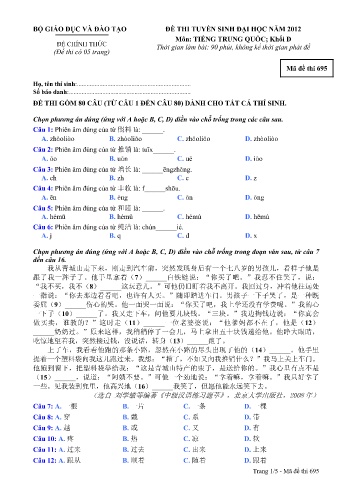Đề thi tuyển sinh đại học năm 2012 môn Tiếng Trung quốc Khối D - Mã đề 695 (Kèm đáp án)