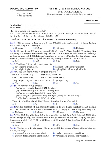 Đề thi tuyển sinh đại học năm 2013 Hóa học Khối A - Mã đề 193 (Kèm đáp án)