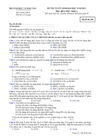 Đề thi tuyển sinh đại học năm 2013 Hóa học Khối A - Mã đề 286 (Kèm đáp án)